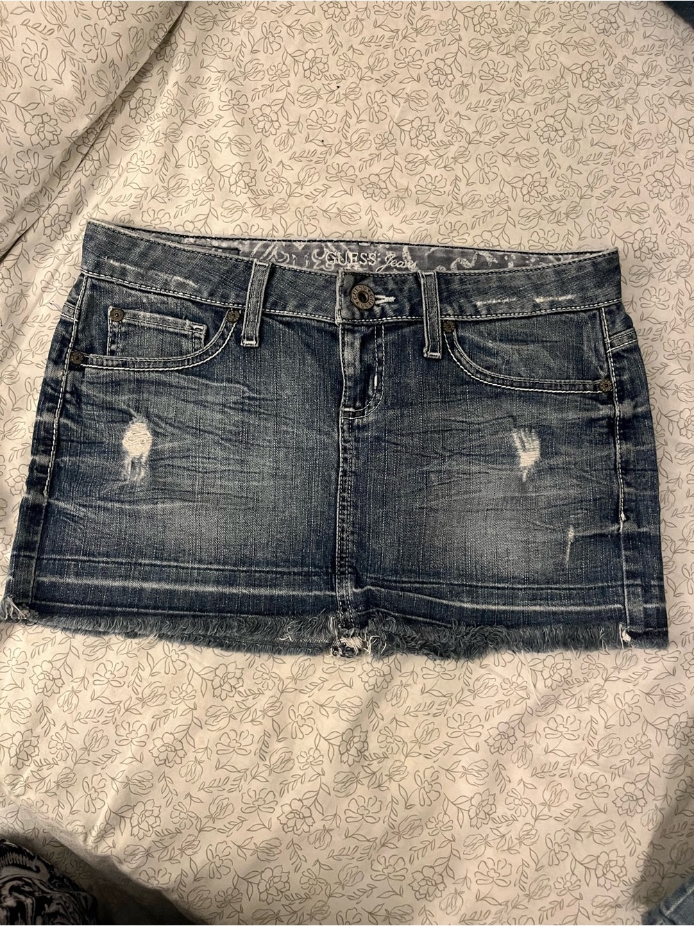 GUESS Distressed Dark Blue Denim Mini Skirt